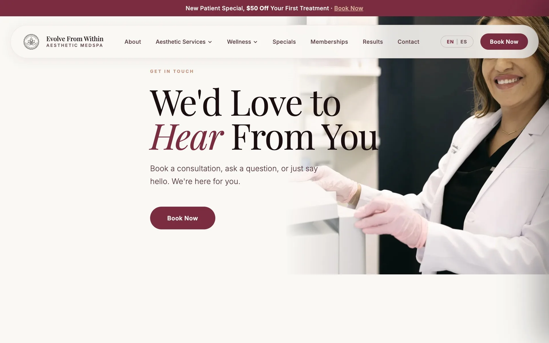 The Evolve From Within contact page, with a single Book Now action alongside the practice's direct contact details