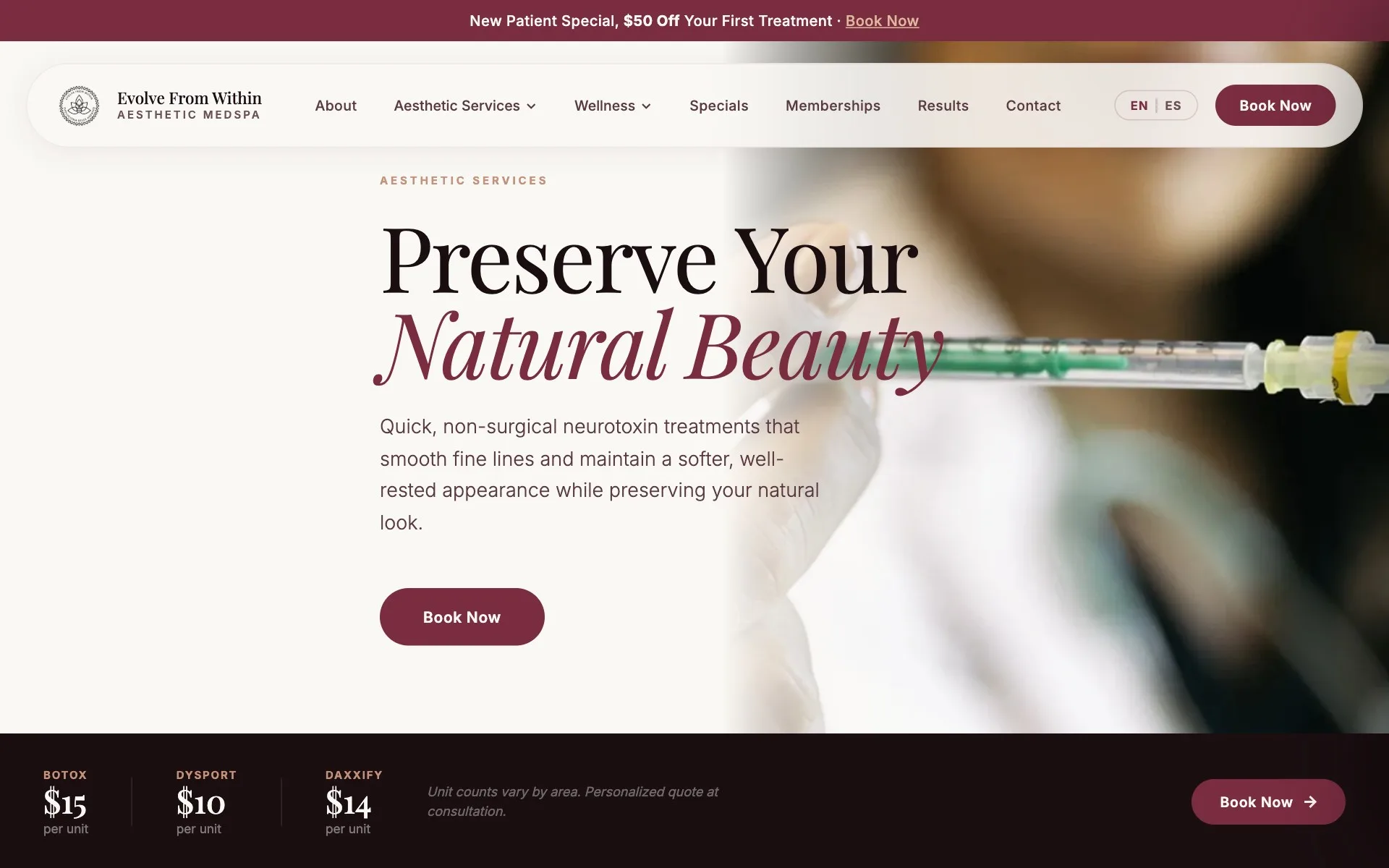 An Evolve From Within treatment page showing pricing, recovery information, and the booking call to action